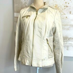 Guess white leather jacket with cream tweed detail and gold hardware